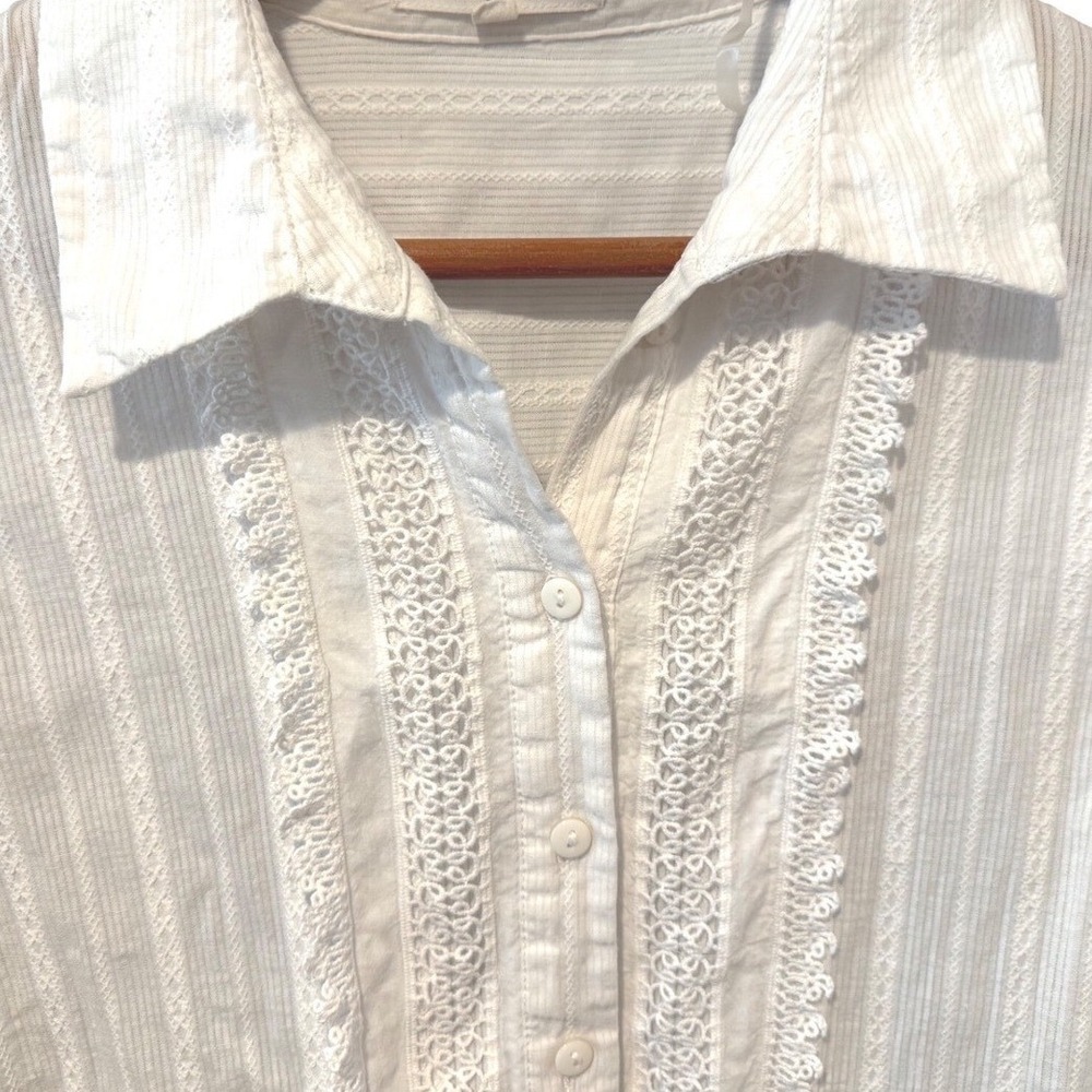 Indigo Soul White Cotton Lace Trim Button Down Blouse Top Large